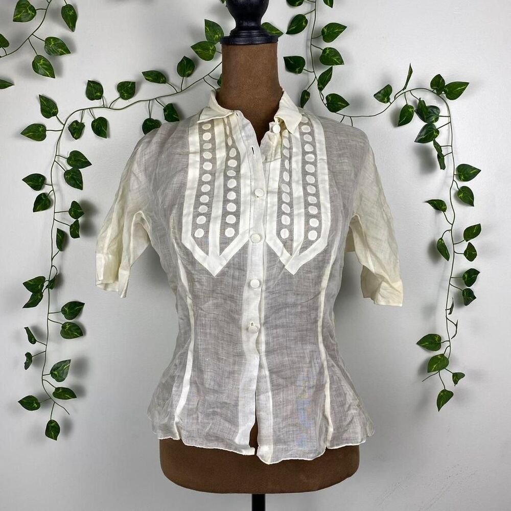 Vintage 1940s sheer White blouse button front collared fitted Victorian coquette